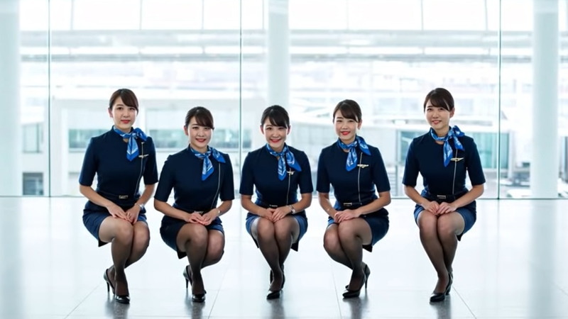 いろんな航空会社のキャビンアテンダントさんにしゃがんでもらいました。